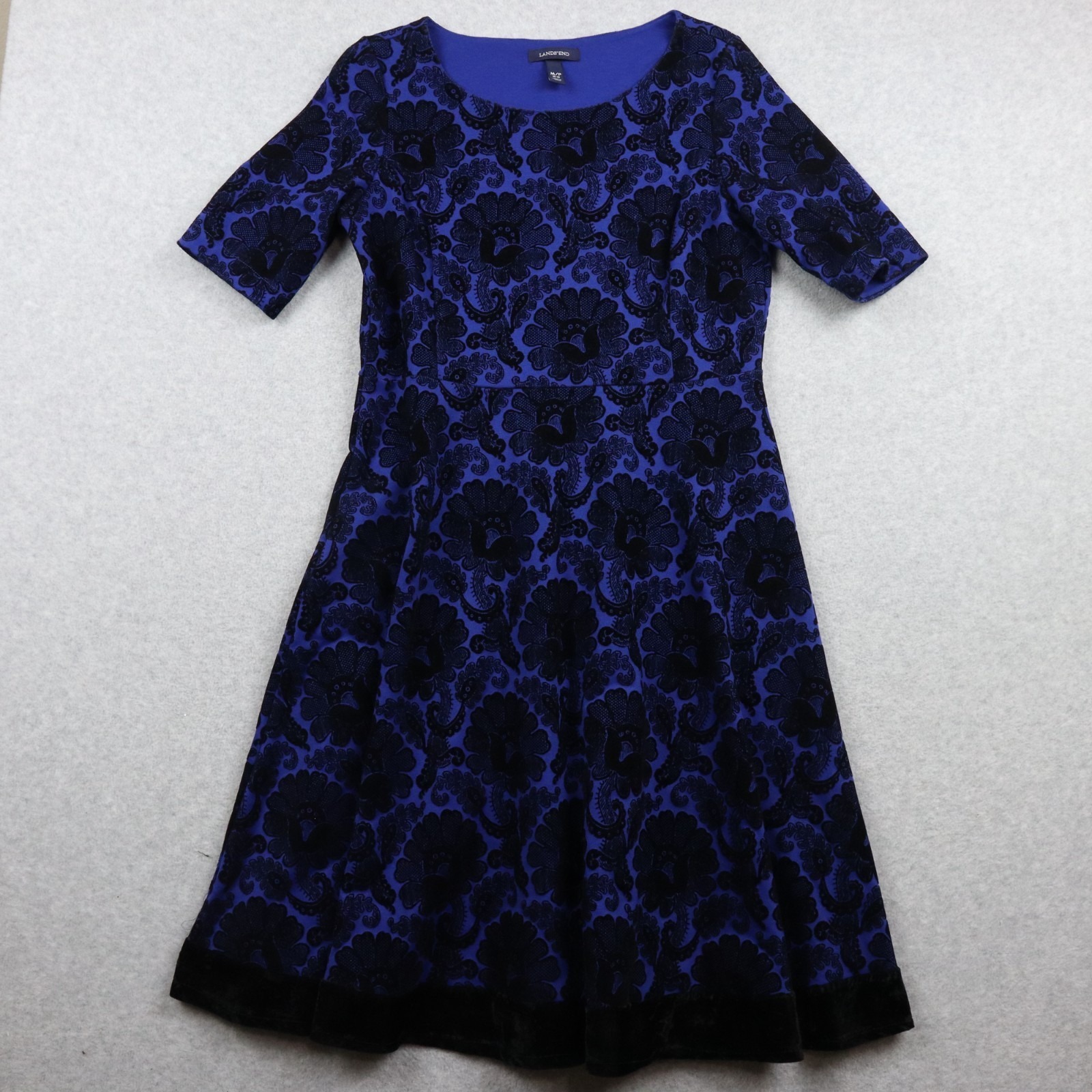 Lands' End Dress Womens Medium 10-12 Petite Flocked Fit & Flare Blue Floral